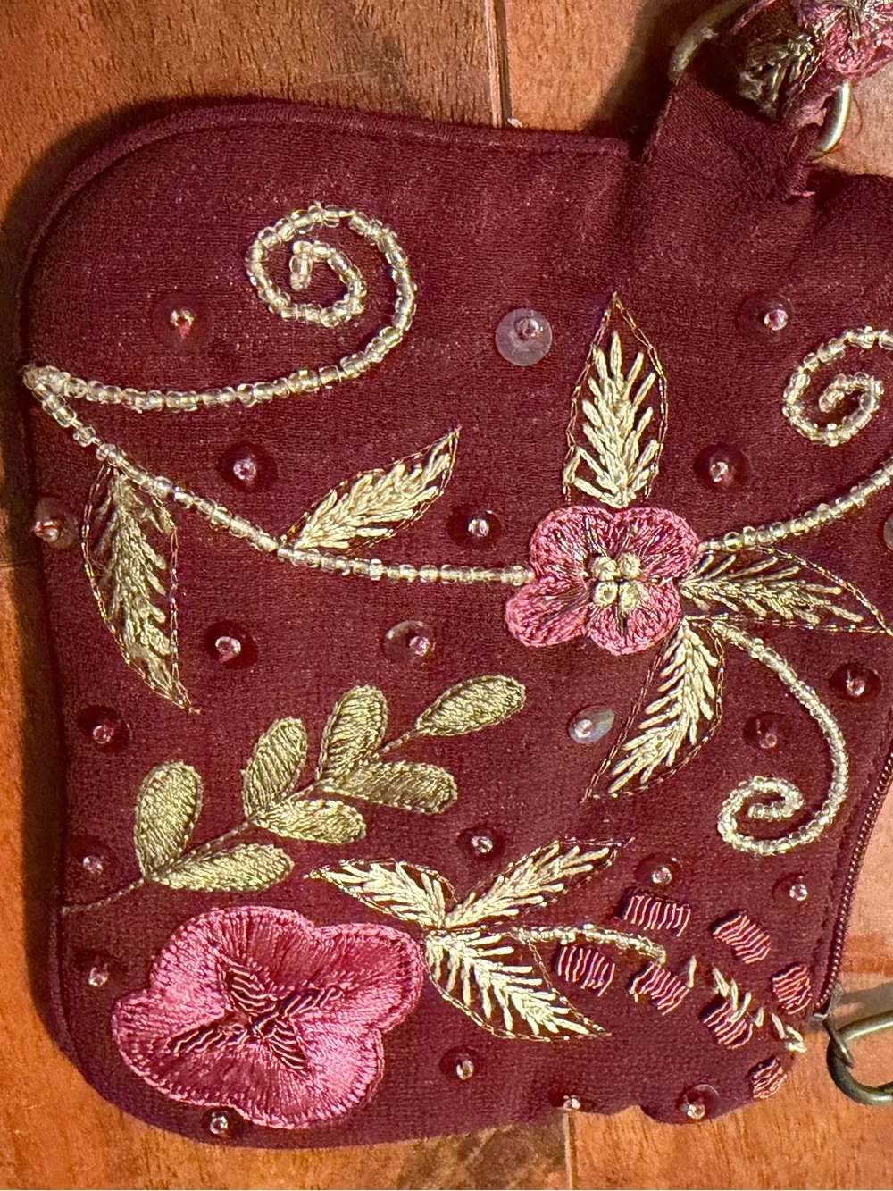Vintage Express Small Maroon Embroidered Fabric Purse Wristlet Bag Beaded Floral